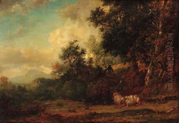 A shepherd and sheep in a wooded landscape Oil Painting by Patrick Nasmyth