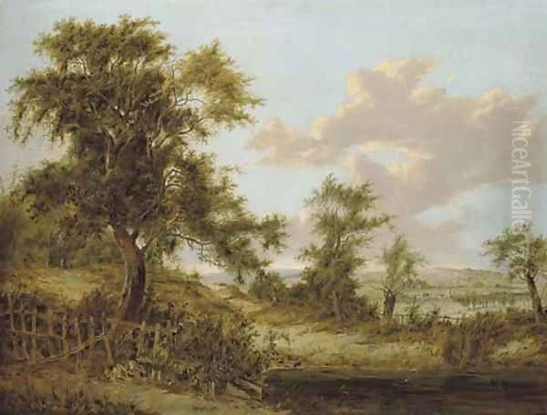 A wooded landscape in Surrey with figures, the village of Godstone beyond Oil Painting by Patrick Nasmyth