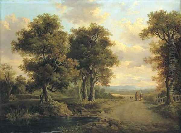 A wooded landscape with a pond in the foreground and figures on a path in the distance Oil Painting by Patrick Nasmyth