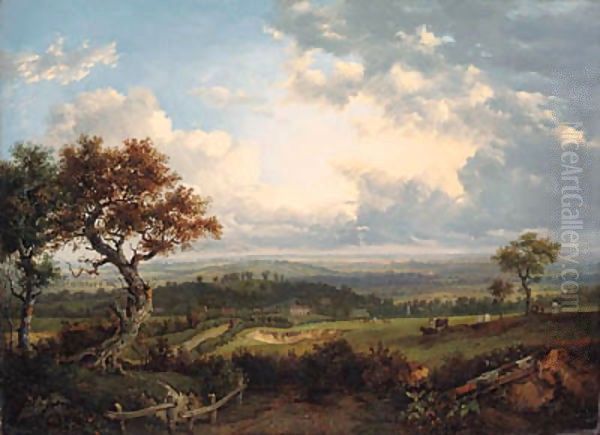 An extensive landscape with figures and cattle in the foreground and a village beyond Oil Painting by Patrick Nasmyth