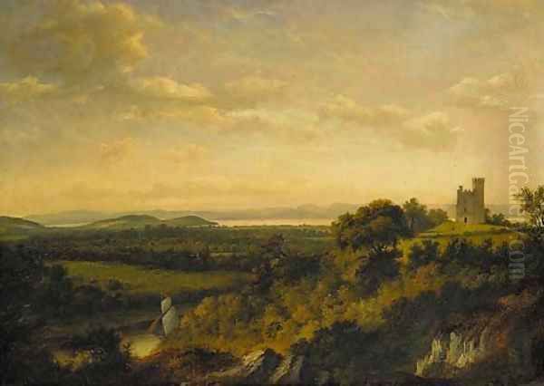 View of Renfrew Castle, with a ship on White Cart Water in the foreground and an extensive view of the River Clyde beyond Oil Painting by Patrick Nasmyth