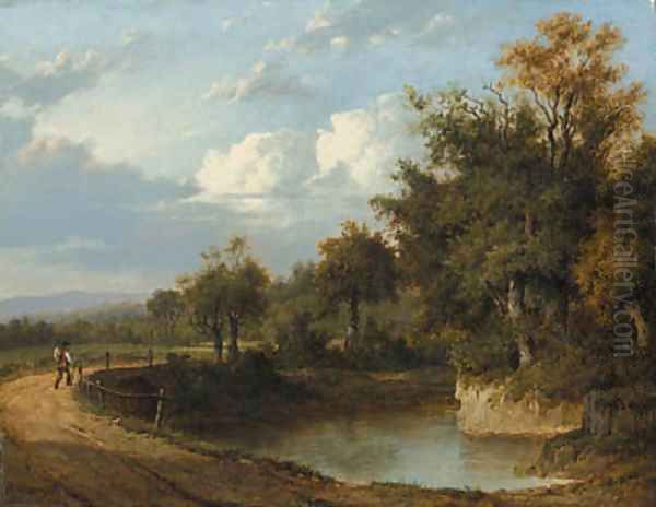 A wooded river landscape with a traveller on a track Oil Painting by Patrick Nasmyth