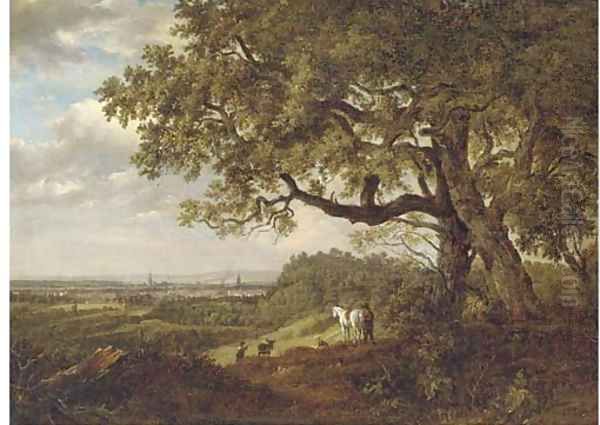 Figures on a viewpoint overlooking a town Oil Painting by Patrick Nasmyth