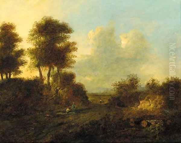 Figures resting on a track in a wooded landscape Oil Painting by Patrick Nasmyth