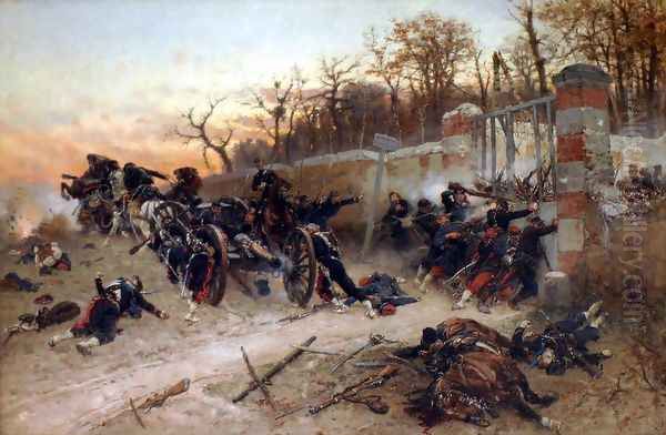 Defence of Longboyau's gate, château of Buzenval, on Octobre 21th 1870 Oil Painting by Alphonse de Neuville