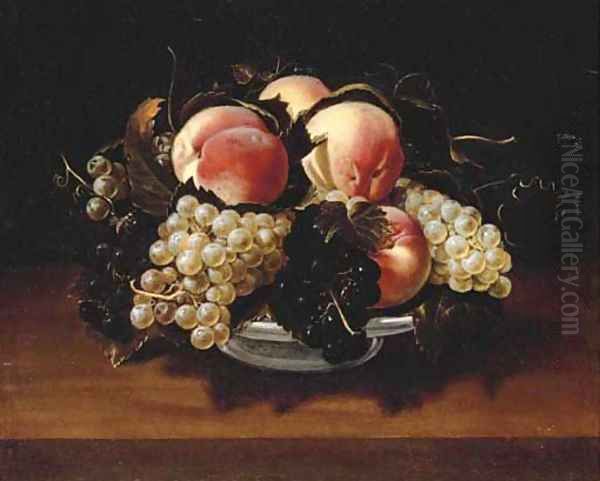 Peaches and grapes in a glass bowl on a stone ledge with a wasp Oil Painting by Panfilo Nuvolone