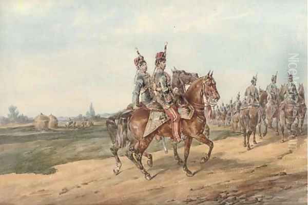 Lieut. Robert Dinmore Napier with brother officers of the 11th Hussars (1856-1859) Oil Painting by Orlando Norie