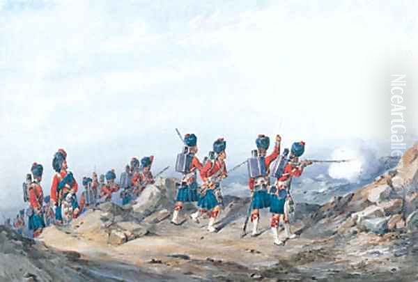 The 42nd Royal Highlanders Black Watch with Field officers attacking heights Oil Painting by Orlando Norie