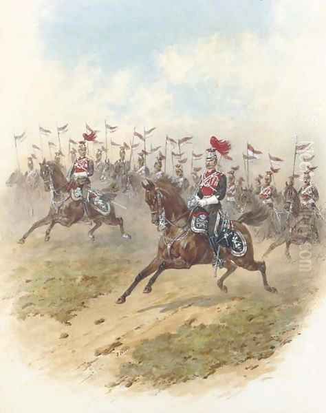 The 12th Regiment of the Prince of Wales's Royal Lancers Officers leading the charge from the fore Oil Painting by Orlando Norie