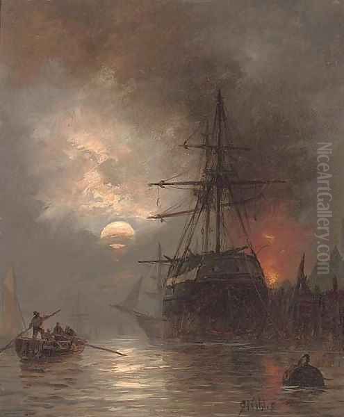 A trading brig in the harbour by moonlight Oil Painting by Richard Henry Nibbs