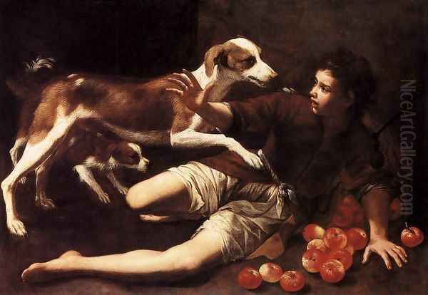 Boy Attacked by a Dog c. 1680 Oil Painting by Pedro Nunez De Villavicencio