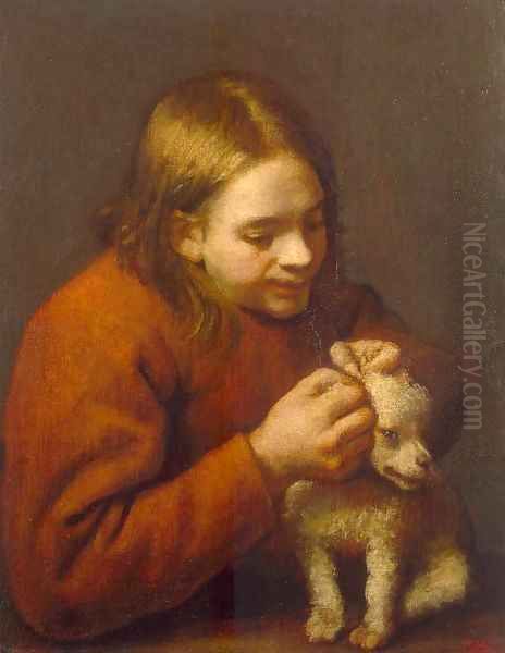 Boy Looking for Fleas on a Dog Oil Painting by Pedro Nunez De Villavicencio