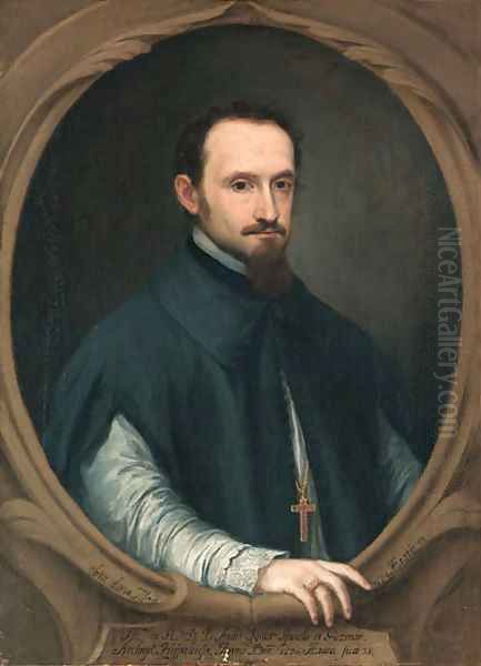 Portrait of the Archbishop of Seville, Don Ambroio de Spinola (d. 1684), half-length, in clerical costume, in a sculpted oval Oil Painting by Pedro Nunez De Villavicencio