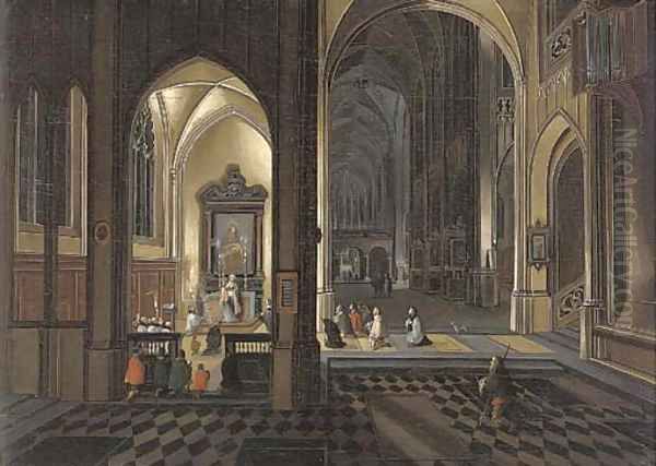 The interior of a Gothic Cathedral by night Oil Painting by Peeter, the Younger Neeffs