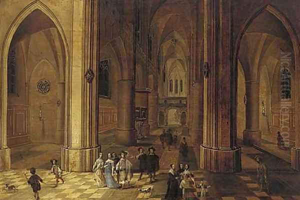 The interior of a gothic church by night with elegant company and torchbearers in the foreground Oil Painting by Peeter, the Younger Neeffs