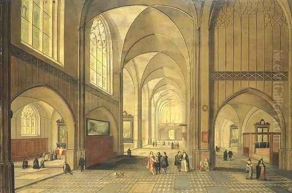 The interior of a cathedral with elegant company, a service in progress in a side chapel 2 Oil Painting by Peeter, the Younger Neeffs