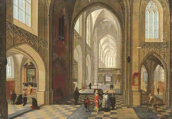 The interior of a cathedral with elegant company, a service in progress in a side chapel Oil Painting by Peeter, the Younger Neeffs