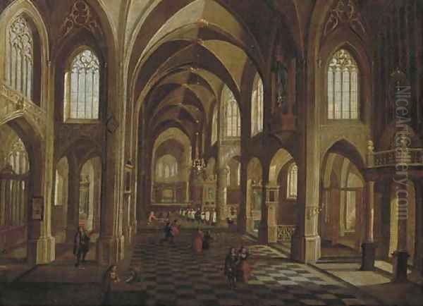 The interior of a cathedral with elegant figures, a procession beyond Oil Painting by Peeter, the Younger Neeffs