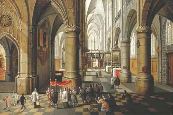 The interior of a Gothic Cathedral Oil Painting by Peeter, the Younger Neeffs