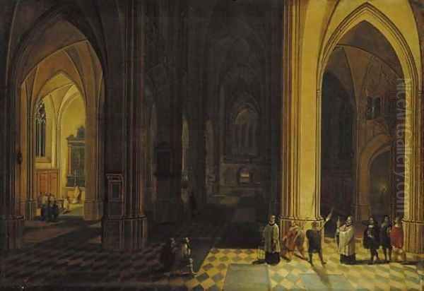 The interior of a Gothic cathedral at night with a procession in the foreground Oil Painting by Peeter, the Younger Neeffs