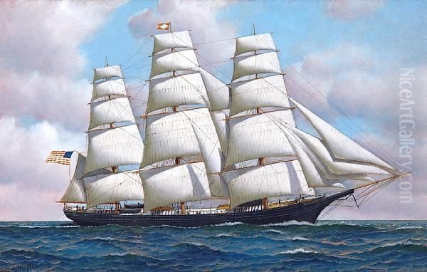 The American Clipper Ship Flying Cloud At Seaunder Full Sail Oil Painting by Antonio Nicolo Gasparo Jacobsen