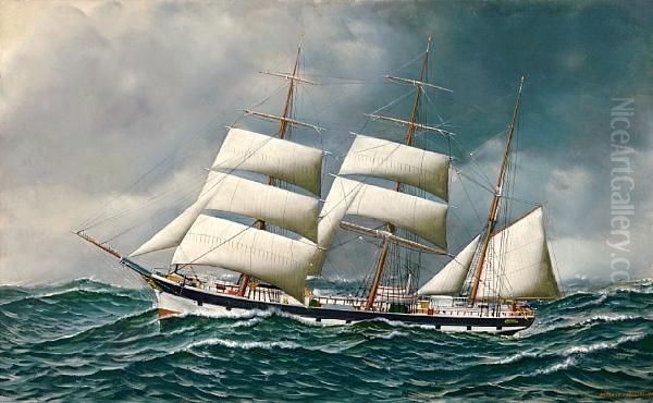 The Norwegian Bark Friedig At Sea Underreduced Sail Oil Painting by Antonio Nicolo Gasparo Jacobsen