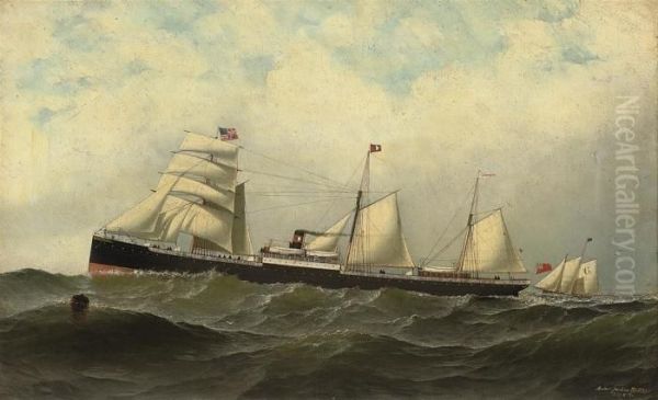 The British Auxiliary Steamer 
Cornwall 
 Approaching New York With The Pilot Cutter Off Her Stern Oil Painting by Antonio Nicolo Gasparo Jacobsen