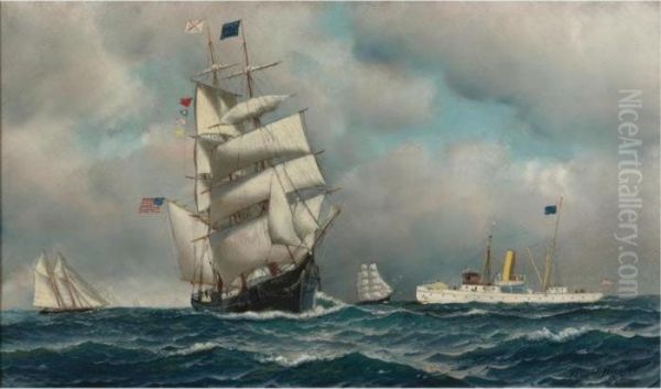 Full Rigged Clipper And Steam Yacht Oil Painting by Antonio Nicolo Gasparo Jacobsen