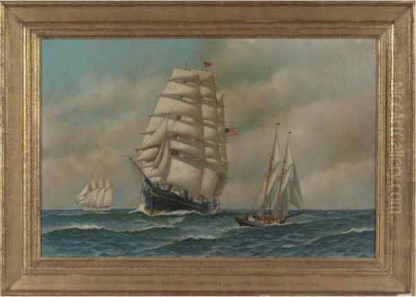 A Three Masted Ship With Smaller Craft Oil Painting by Antonio Nicolo Gasparo Jacobsen