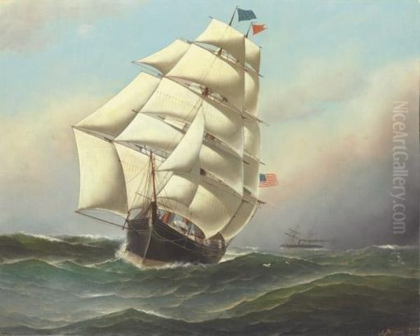 A Clipper Ship At Sea Passing A Steamship Oil Painting by Antonio Nicolo Gasparo Jacobsen