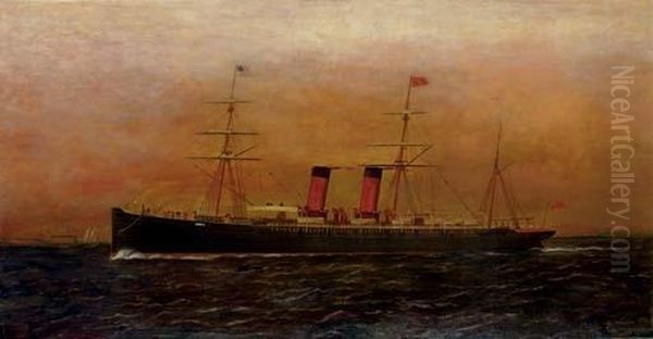 The British Steam Ship Umbria 
Entering New York Harbor, Governors Island Off Her Starboard Side Oil Painting by Antonio Nicolo Gasparo Jacobsen