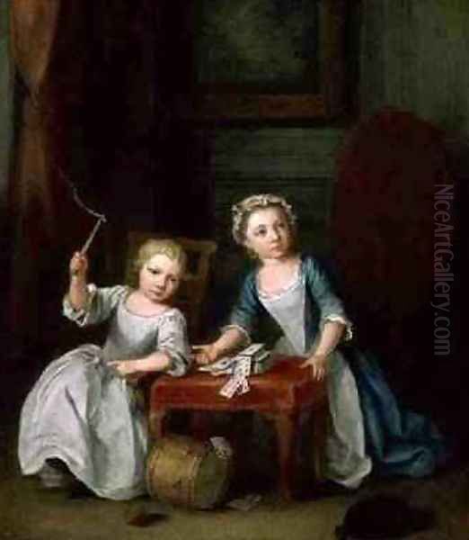 Two Children of the Nollekens Family Probably Jacobus and Maria Sophia Playing With a Top and Playing Cards 1745 Oil Painting by Joseph Francis Nollekens