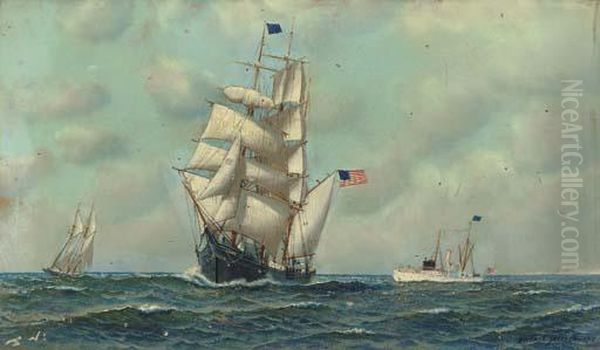 The Bark Onaway With A Pilot Boat And A Fishing Schooner Oil Painting by Antonio Nicolo Gasparo Jacobsen