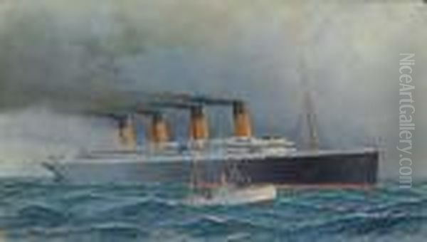 The R.m.s. Olympic Outward Bound From New York Having Dropped The Pilot Oil Painting by Antonio Nicolo Gasparo Jacobsen