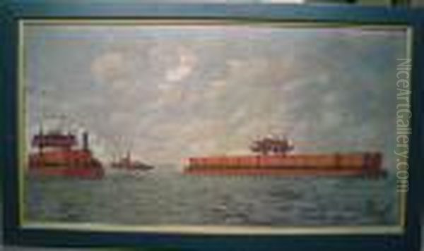 View Of New York, Philadelphia & Norfolk Railroad Barges Andthe Tugboat 'pocomoke' Oil Painting by Antonio Nicolo Gasparo Jacobsen