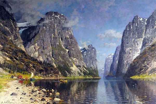 Boats in a Fjord (Båter på fjorden) Oil Painting by Adelsteen Normann