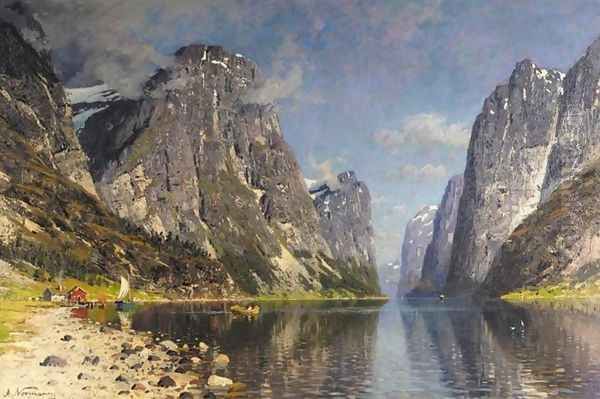 Boats in a Fjord (Båter på fjorden) Oil Painting by Adelsteen Normann