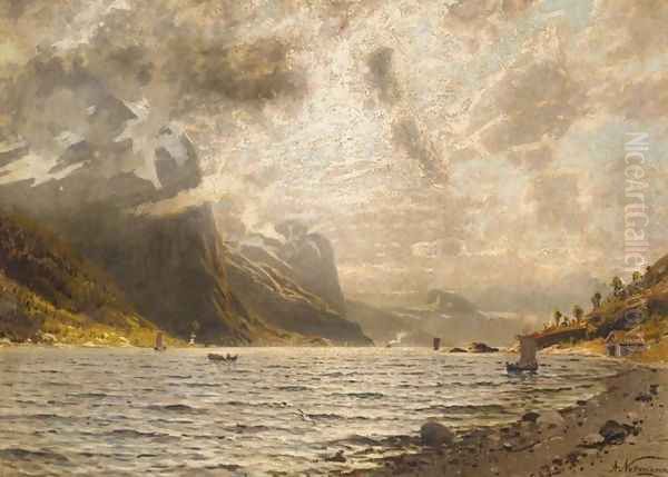 Norwegian Fjord (En Norsk fjord) I Oil Painting by Adelsteen Normann