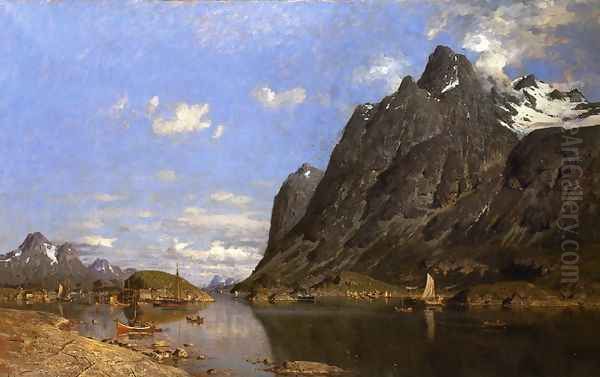 Fishing Settlement in the Lofoton Islands Oil Painting by Adelsteen Normann