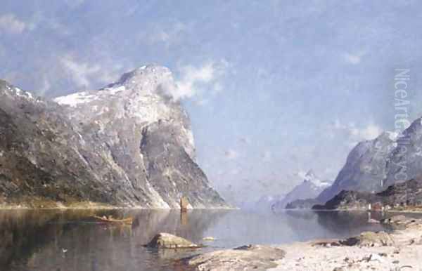 Boats on a Norwegian Fjord Oil Painting by Adelsteen Normann