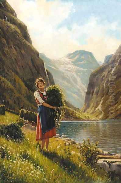 A young woman harvesting in a fjord scene Oil Painting by Adelsteen Normann