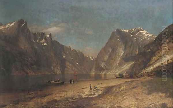 Unloading the catch, a Norwegian Fjord Oil Painting by Adelsteen Normann