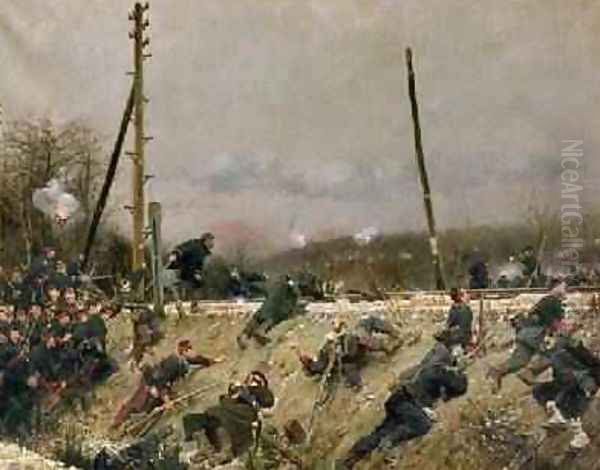 Fighting on the Tracks 1874 Oil Painting by Alphonse Marie de Neuville