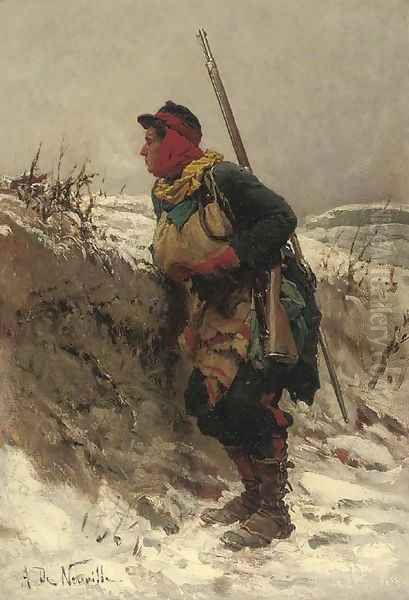 A French rifleman in the snow Oil Painting by Alphonse Marie de Neuville