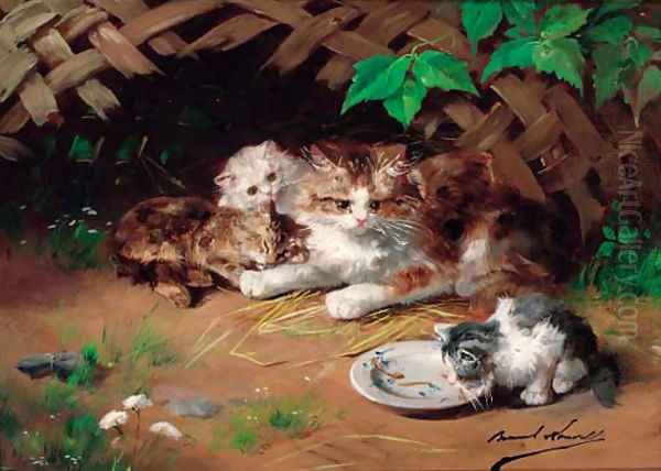 A kitten drinking milk Oil Painting by Alphonse Marie de Neuville