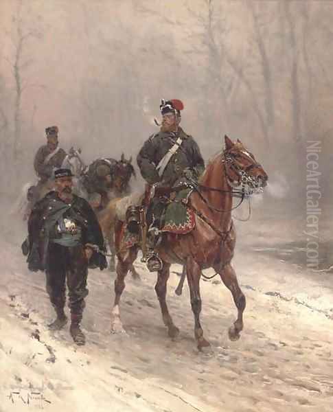 A Prussian hussar escorting a French prisoner on a winter track Oil Painting by Alphonse Marie de Neuville