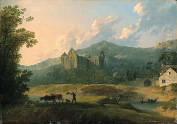 View of Tintern Abbey, with a herdsman and livestock in the foreground Oil Painting by Francis Nicholson