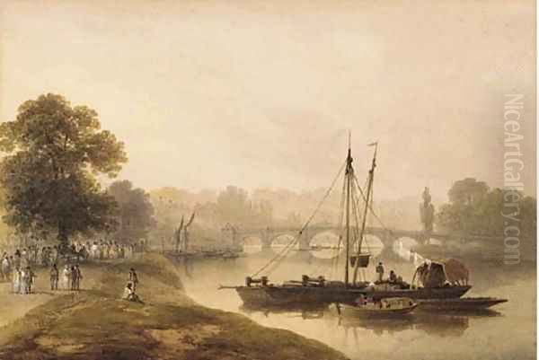 Figures before Richmond bridge Oil Painting by Francis Nicholson