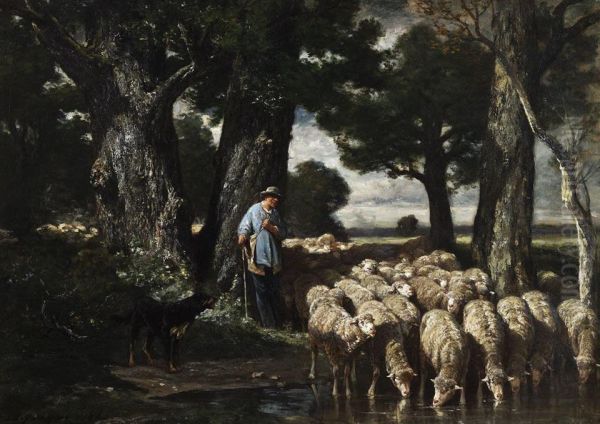 The Shepherd And His Flock Oil Painting by Charles Emile Jacque