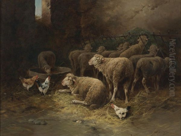 Sheep And Chickens In A Barn Oil Painting by Charles Emile Jacque